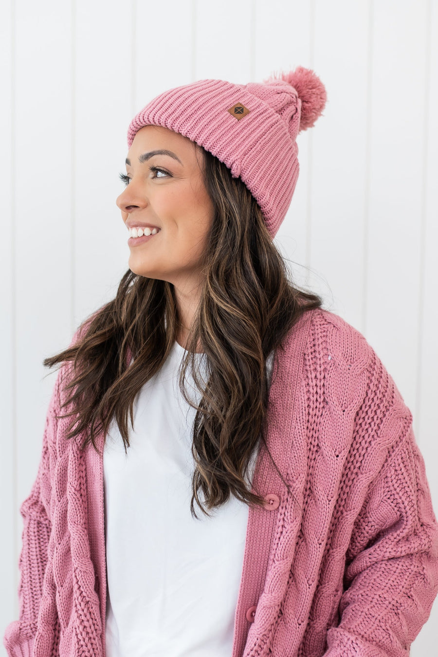 Cable Knit Pom Beanie in Apple Blossom
