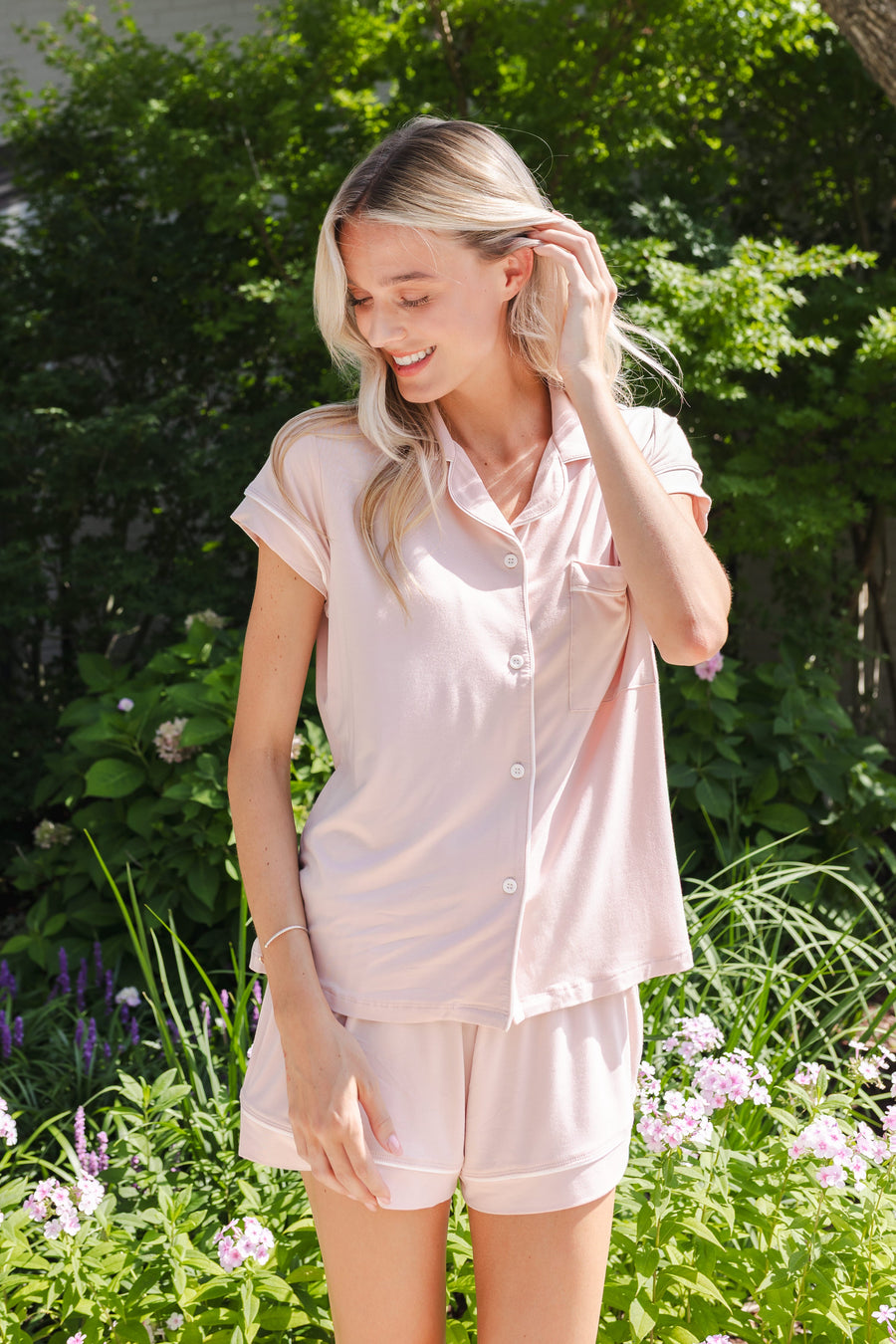 Women’s Short Sleeve Pajama Set in Blush with Cloud Trim