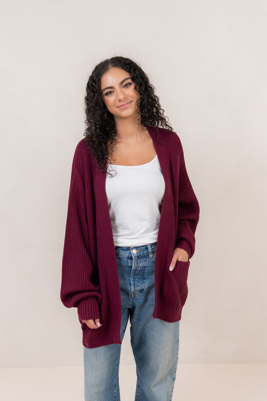 Chunky Knit Women's Oversized Cardigan in Burgundy