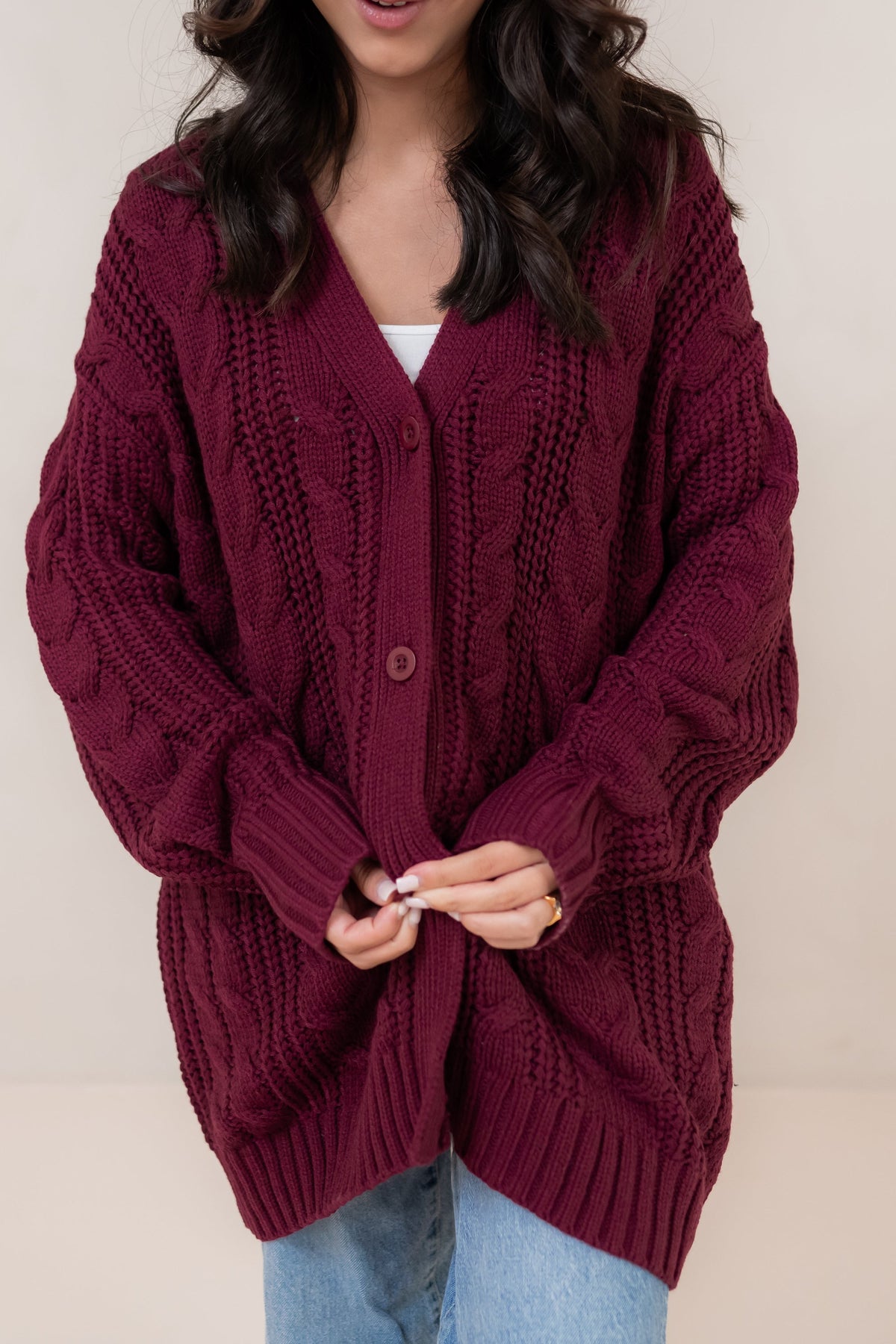 Cable Knit Cardigan in Burgundy