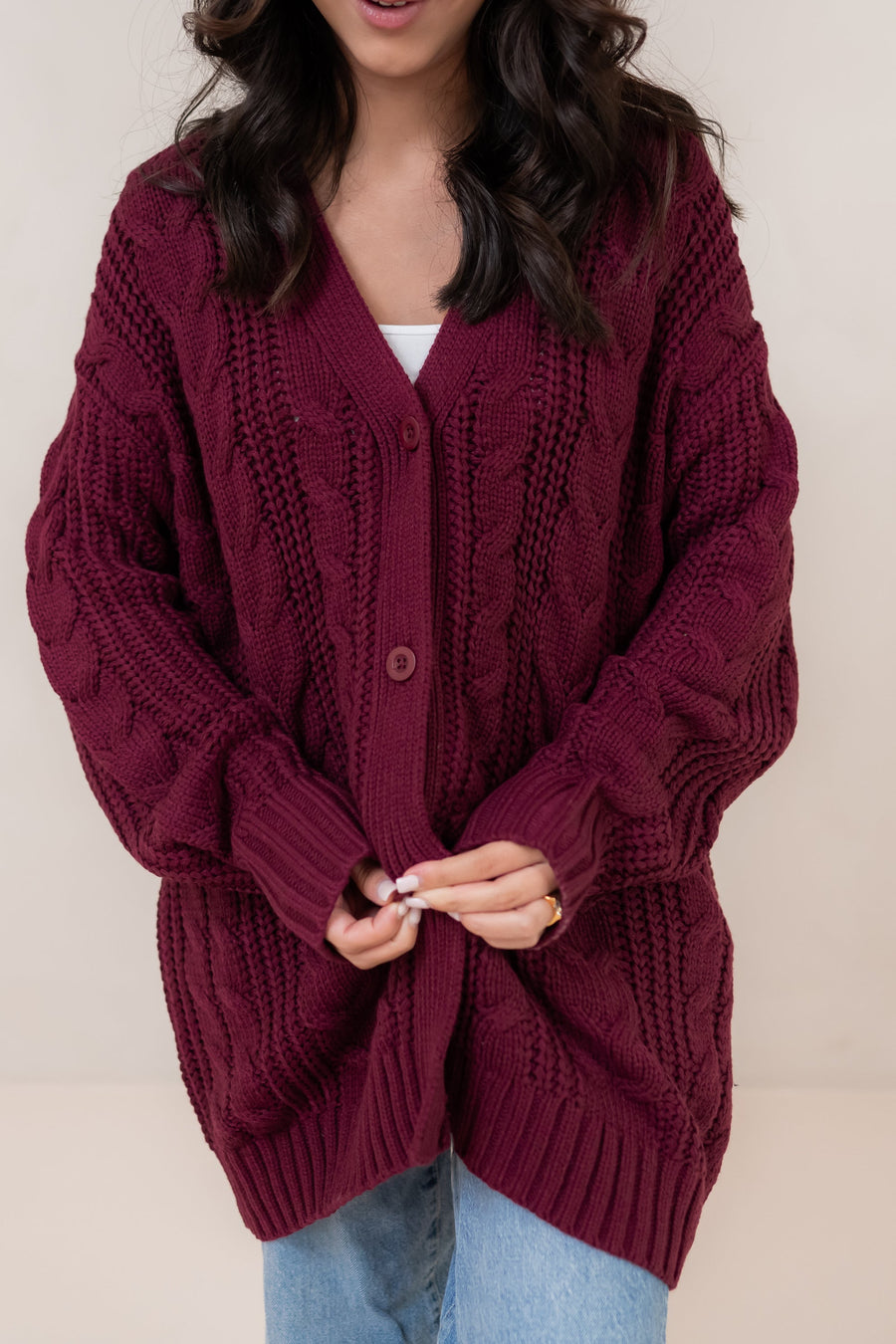 Cable Knit Cardigan in Burgundy