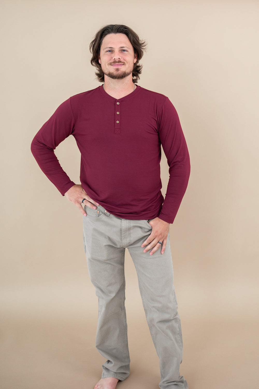 Men's Long Sleeve Henley Top in Burgundy