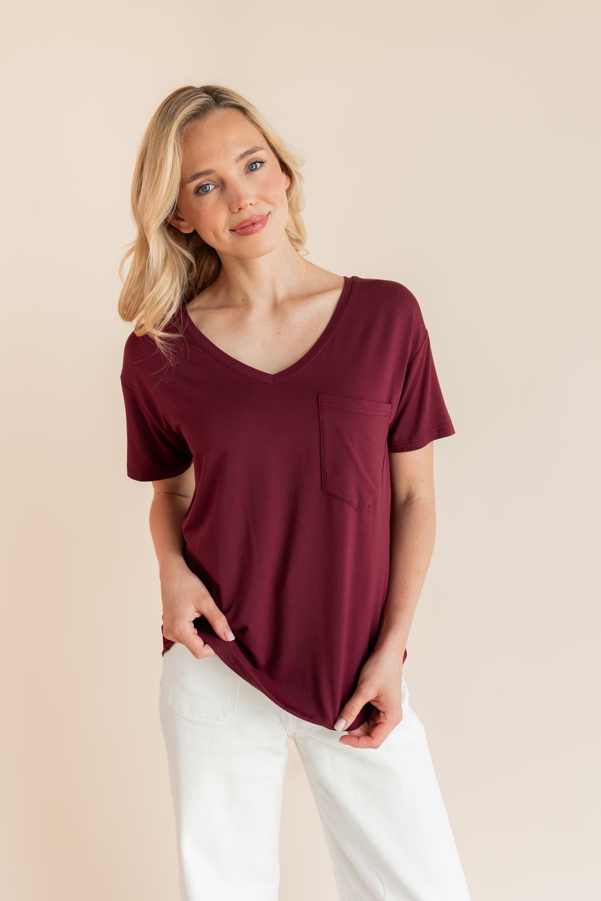 Women's Oversized V-Neck Tee in Burgundy