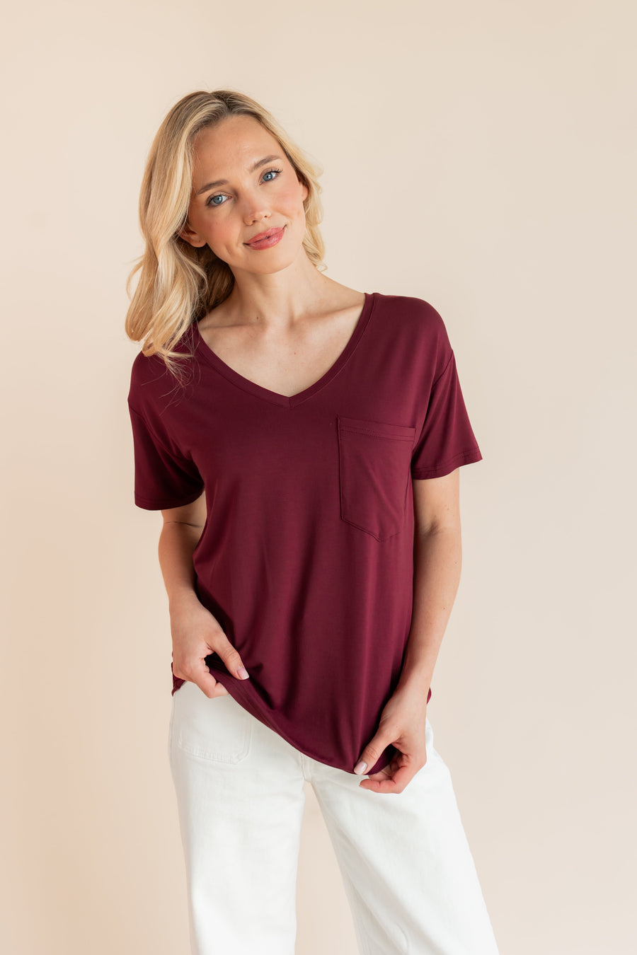 Women's Oversized V-Neck Tee in Burgundy