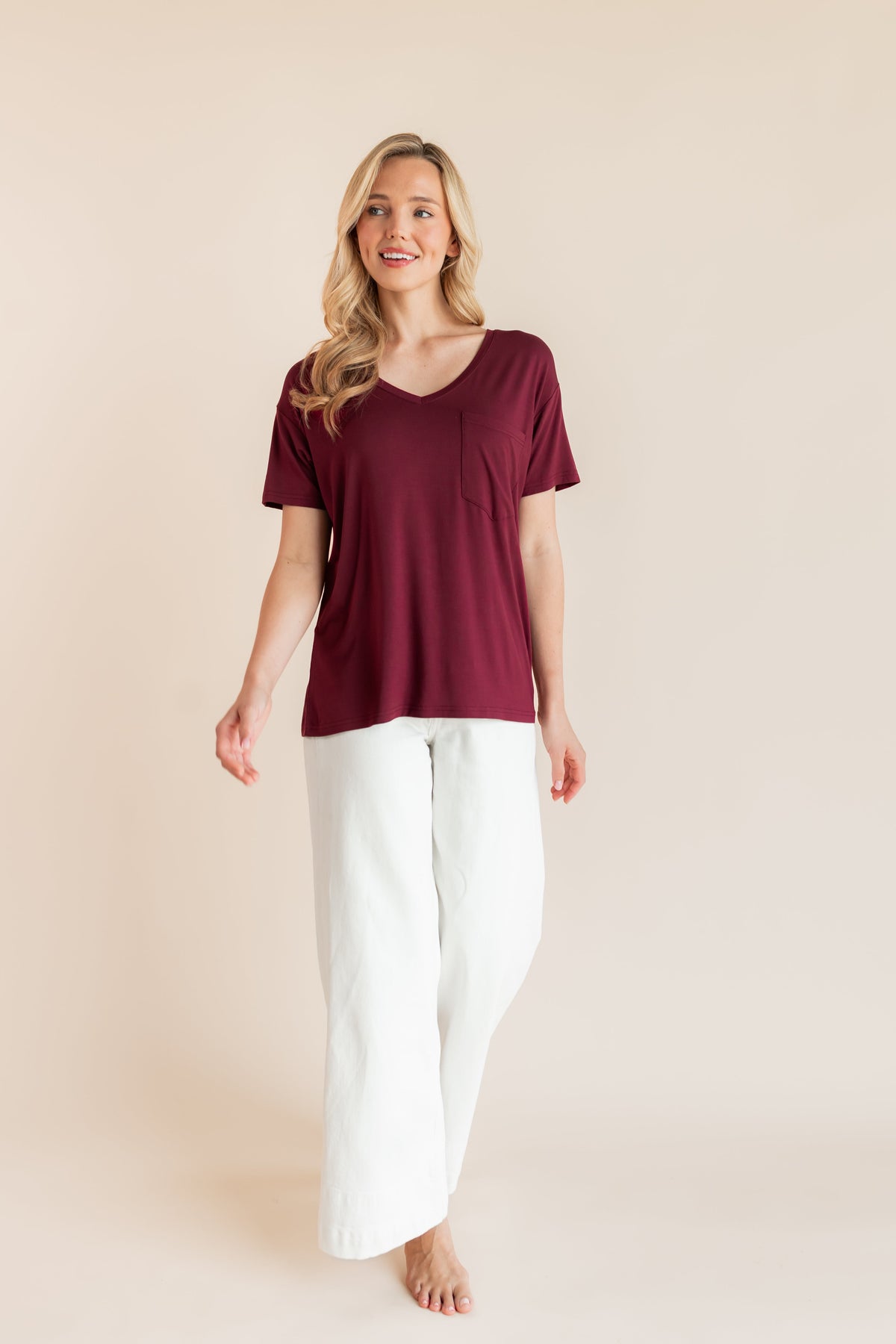 Women's Oversized V-Neck Tee in Burgundy