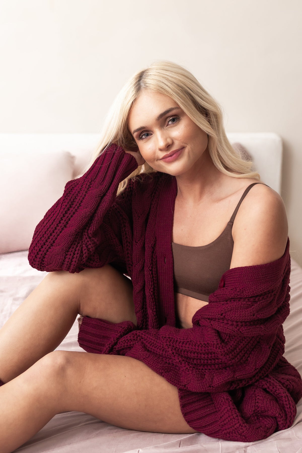 Cable Knit Cardigan in Burgundy