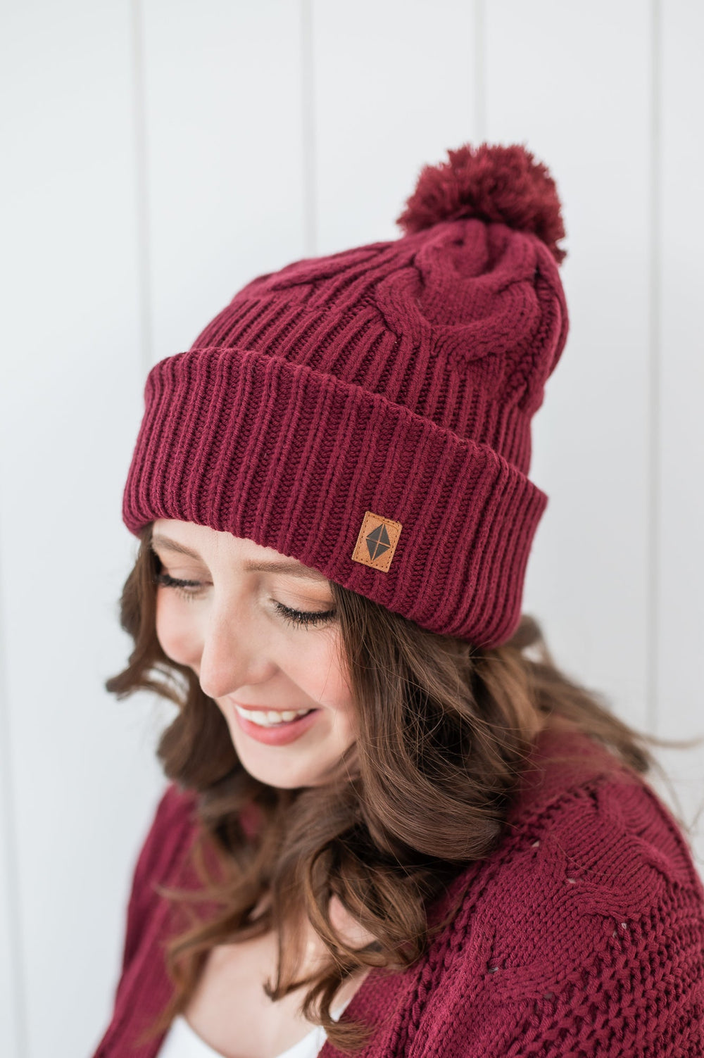 Cable Knit Pom Beanie in Burgundy
