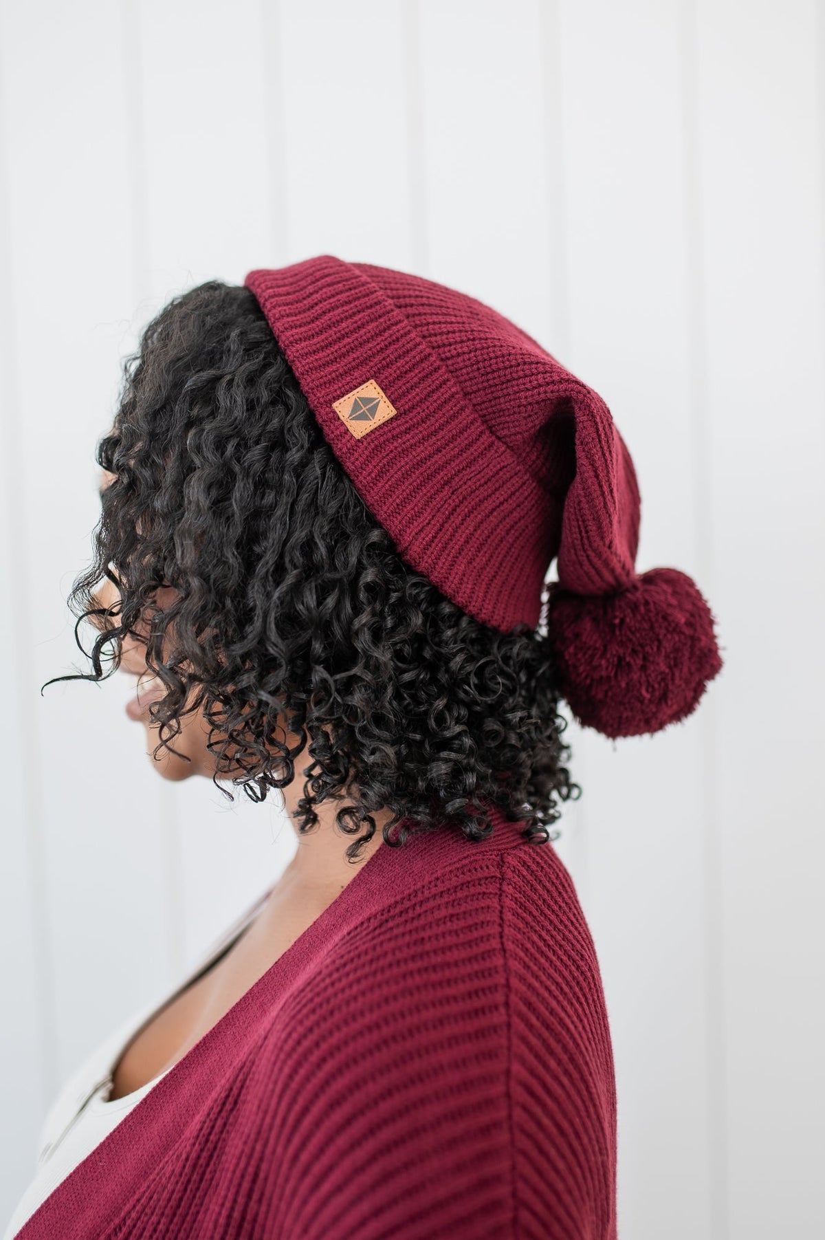 Chunky Knit Pom Beanie in Burgundy