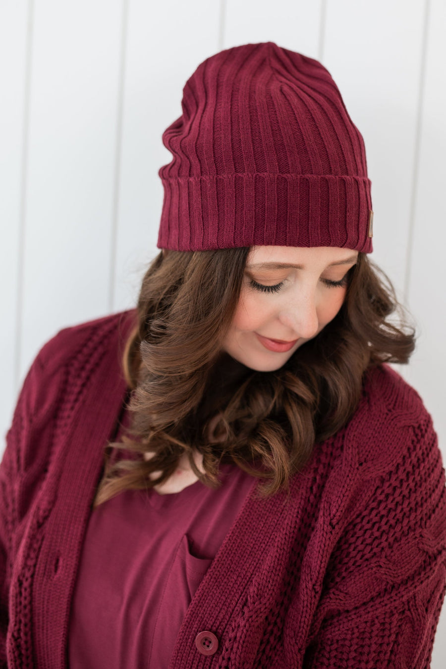 Chunky Knit Ribbed Beanie in Burgundy