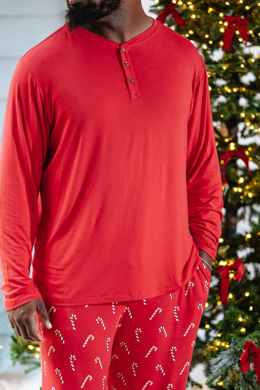 Men's Long Sleeve Henley Top in Cardinal