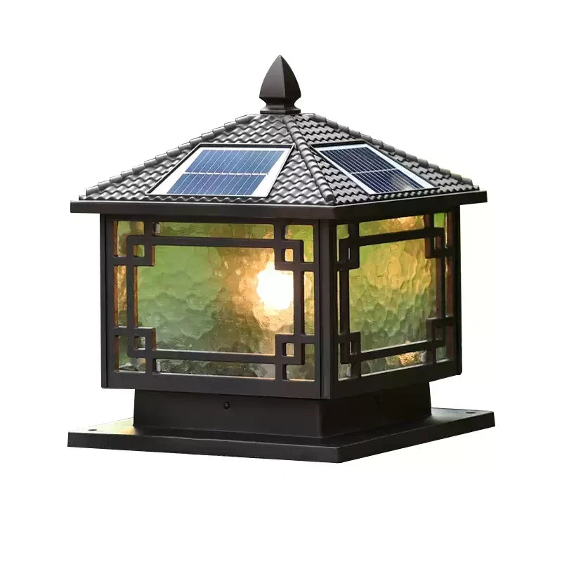 Chinese Black Pavilion Square Outdoor Solar Post Pillar Light
