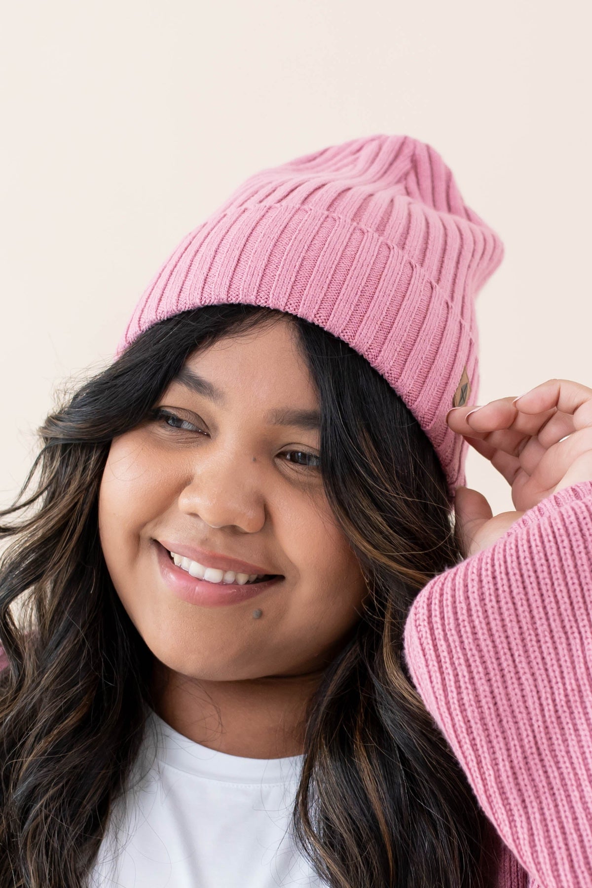 Chunky Knit Ribbed Beanie in Apple Blossom