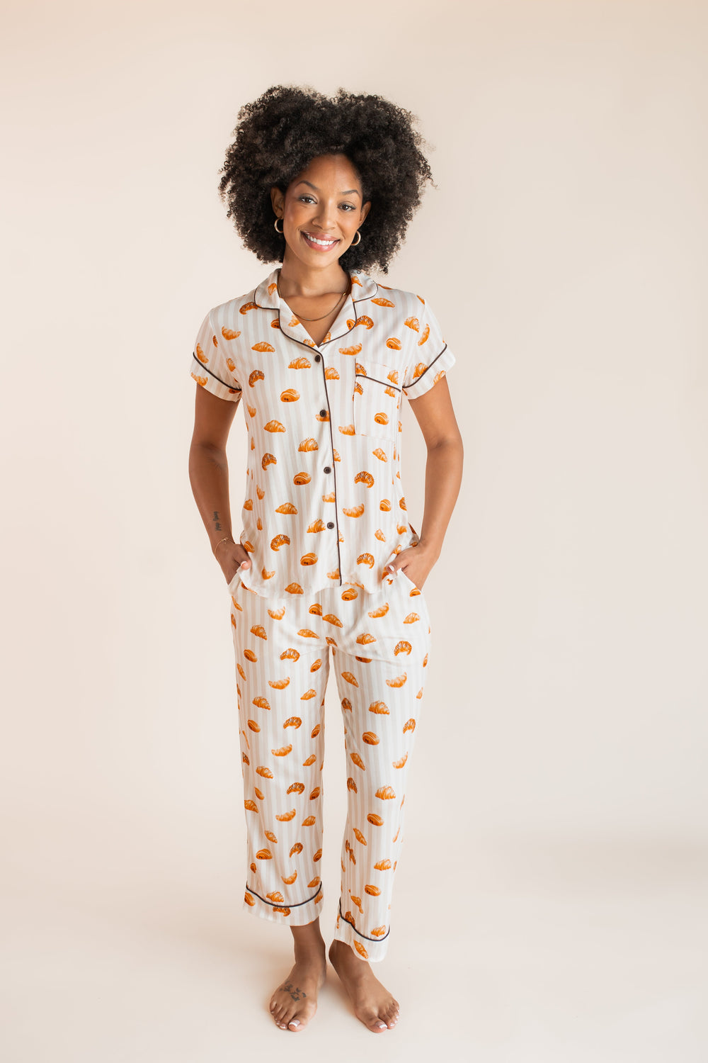 Women's Short Sleeve Cropped Pajama Set in Croissant