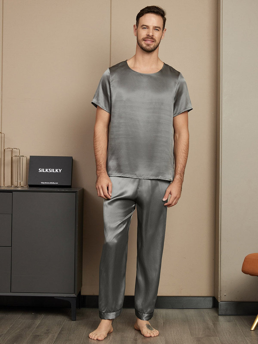 Clearance - 100% Mulberry Silk Short Sleeve Round Neck Men's Pajamas Set with Pants