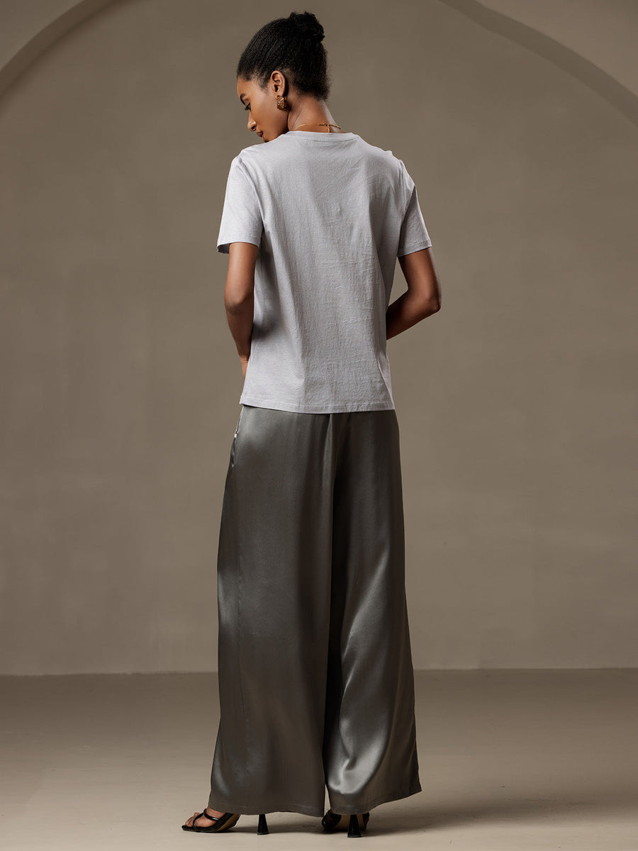 100% Mulberry Silk Wide Leg Women's Pants with Elastic Waist Design