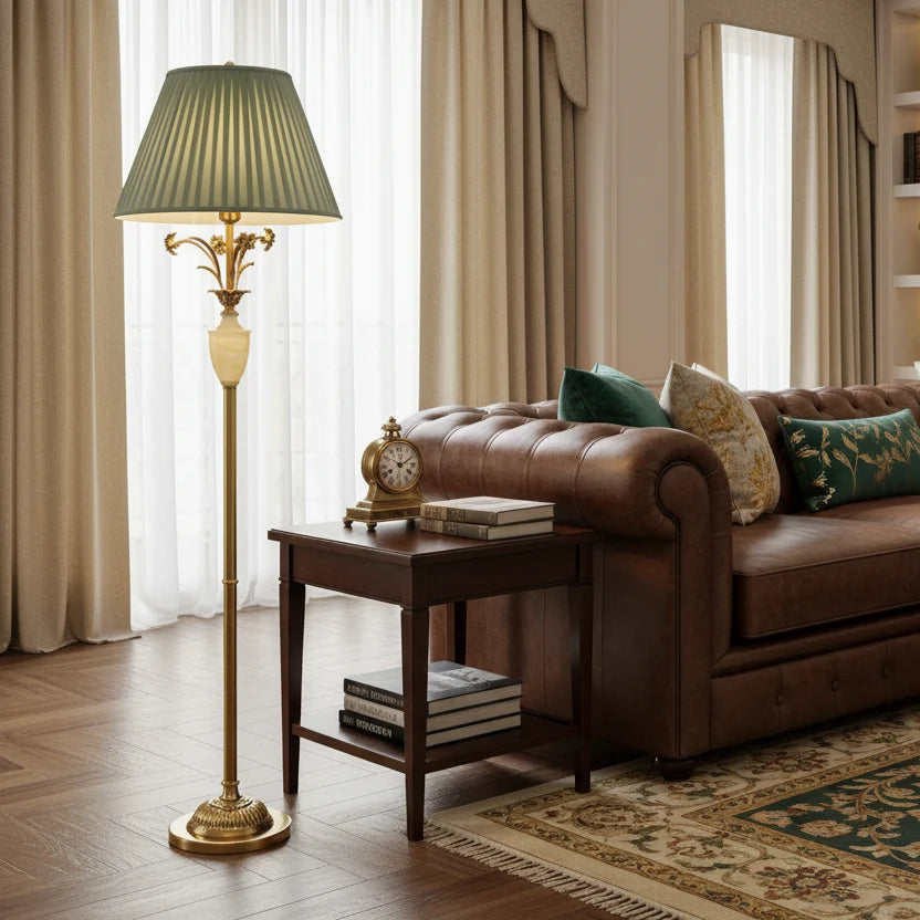 Elegant Green Pleated Shade and Gold Floor Lamp