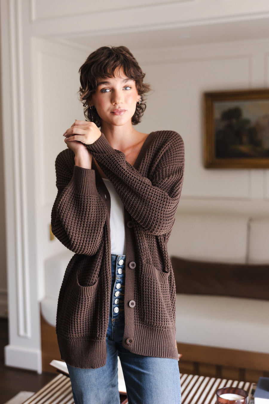 Chunky Knit Women's Waffle Cardigan In Espresso