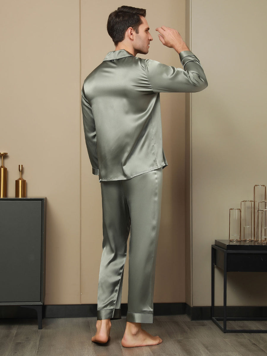 Men's 100% Mulberry Silk Long Sleeve Lapel Collar Pajamas Set