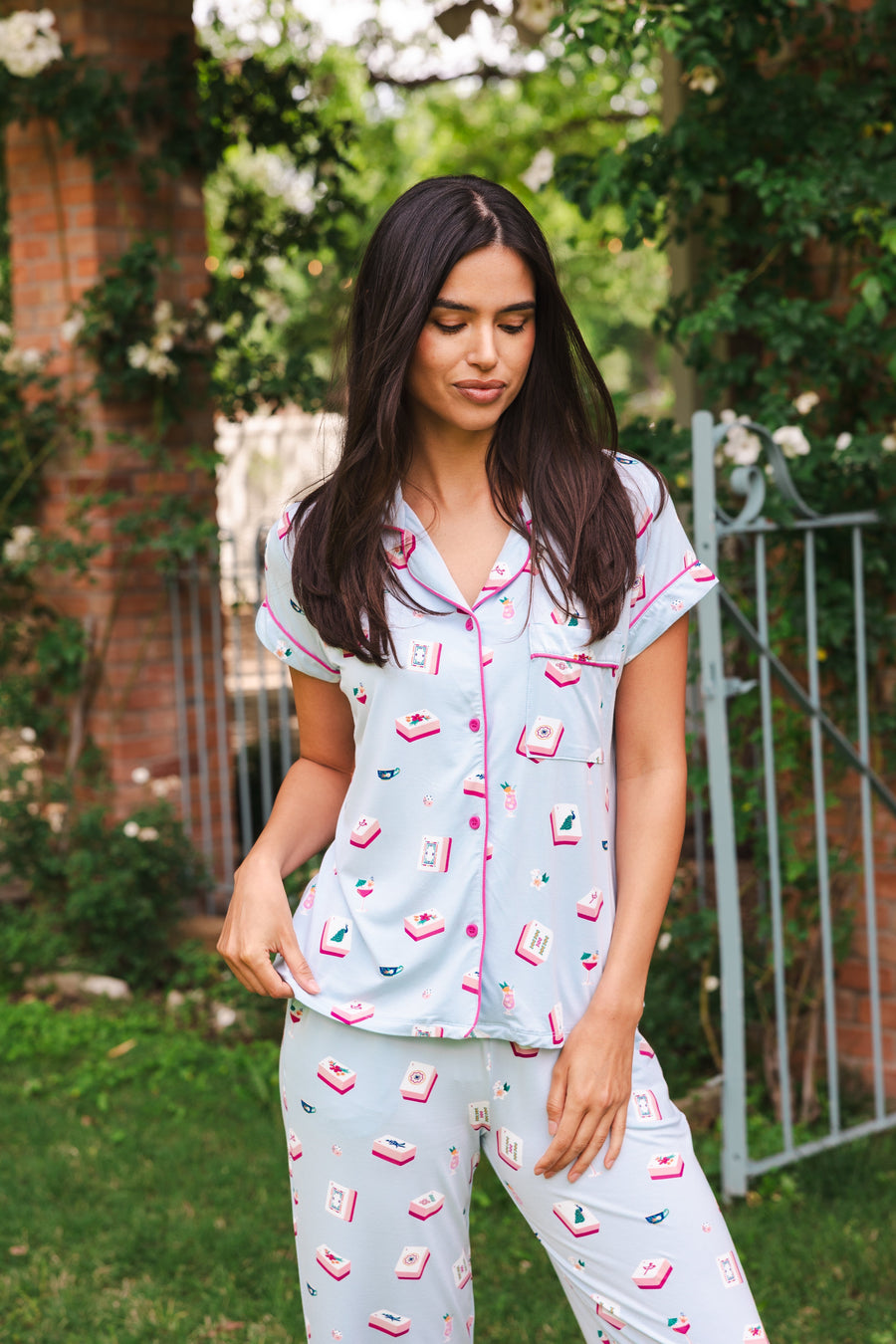 Women's Short Sleeve Cropped Pajama Set in Mahjong