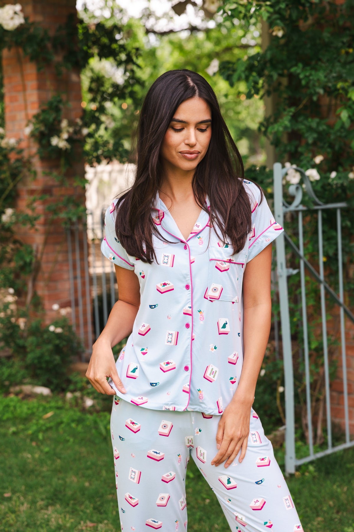 Women's Short Sleeve Cropped Pajama Set in Mahjong