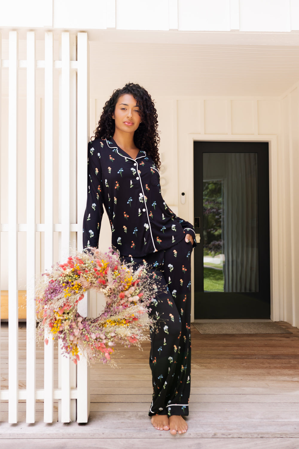 Long-Sleeved Women's Pajama Set in Midnight Wildflower
