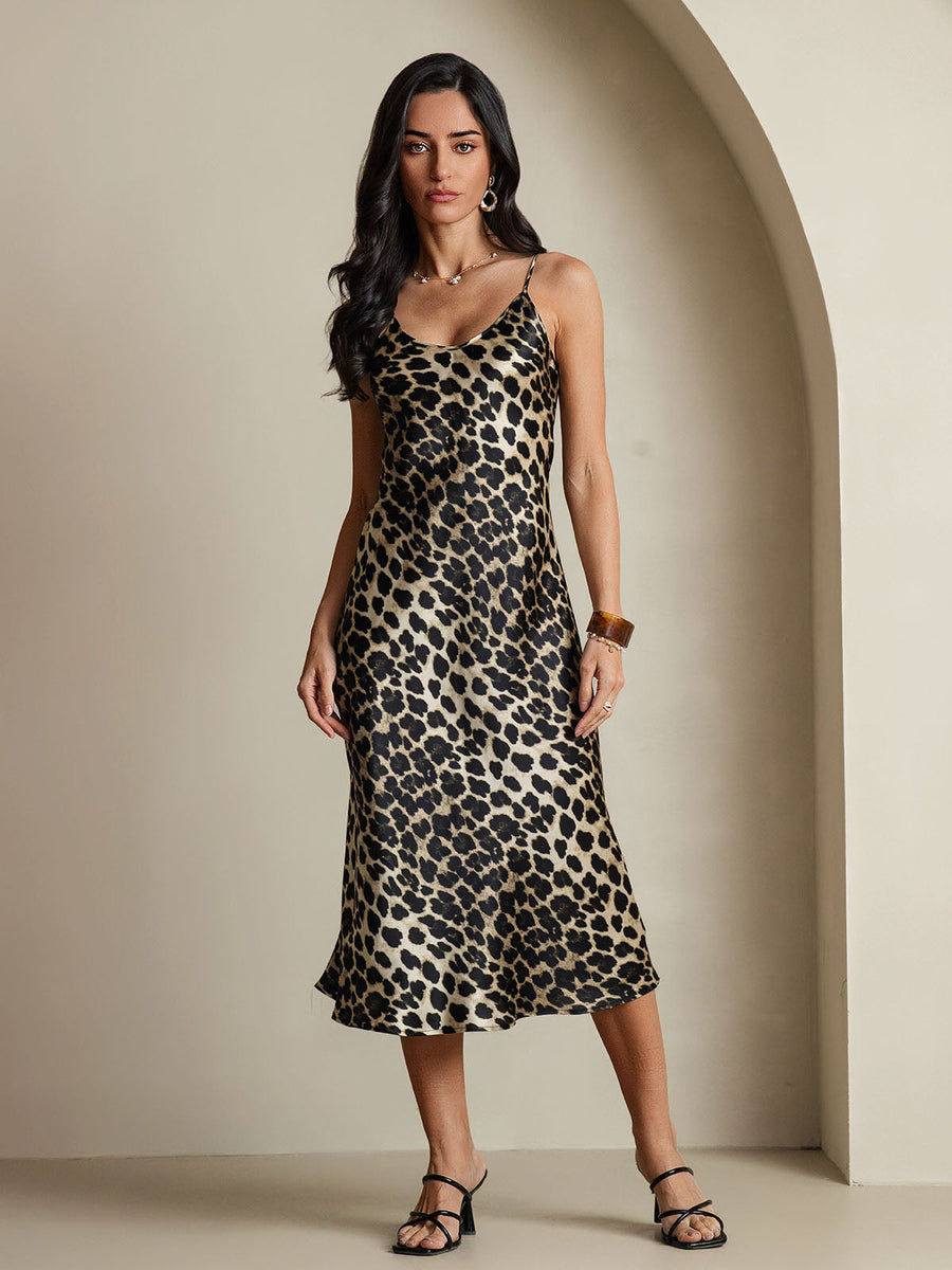 100% Mulberry Silk Leopard Print Spaghetti Strap V Neck Midi Dress
