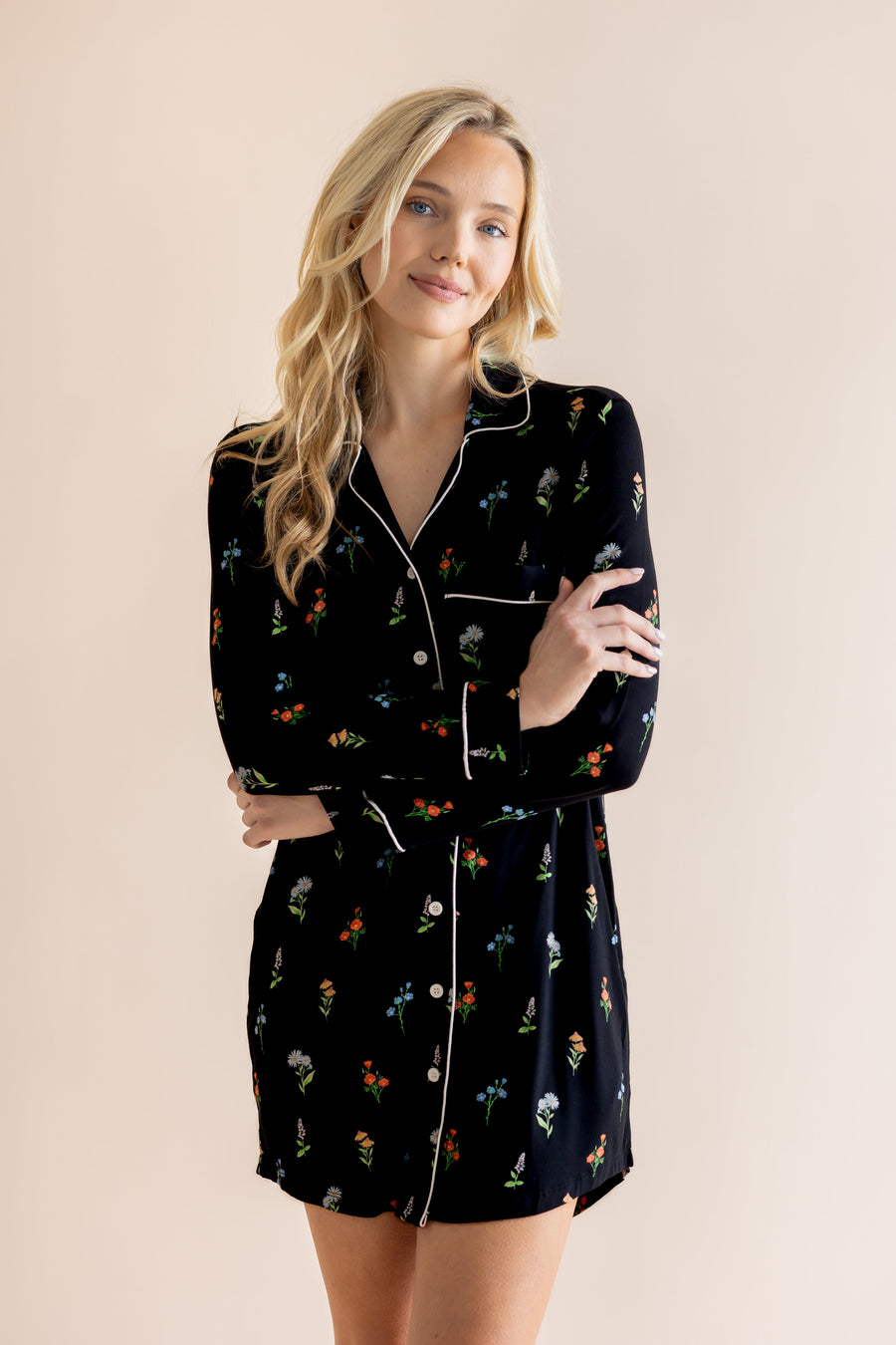 Long Sleeve Women’s Nightshirt in Midnight Wildflower