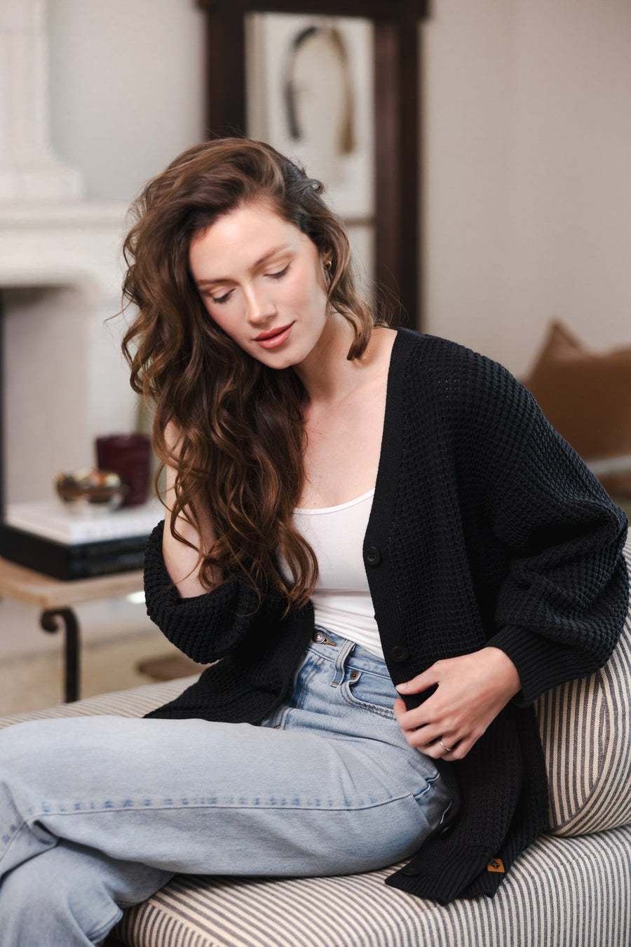 Chunky Knit Women's Waffle Cardigan in Midnight