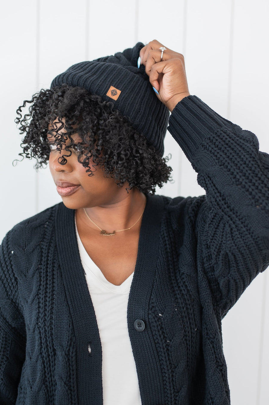 Cable Knit Pom Beanie in Midnight