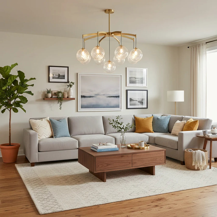 Modern 7-Light Brass Branch Textured Glass Globe Chandelier