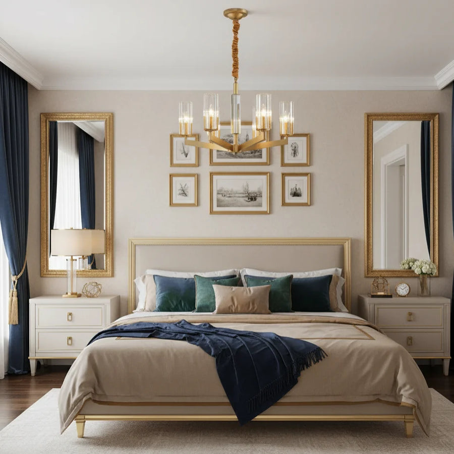 Modern 8-Light Clear Crystal Glass Gold Brass Branch Chandelier