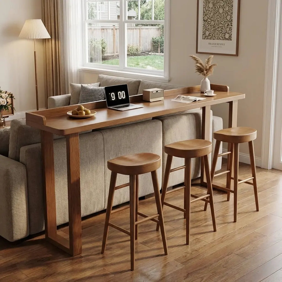 Narrow Brown Wood Bar Table for Wall & Window Seating