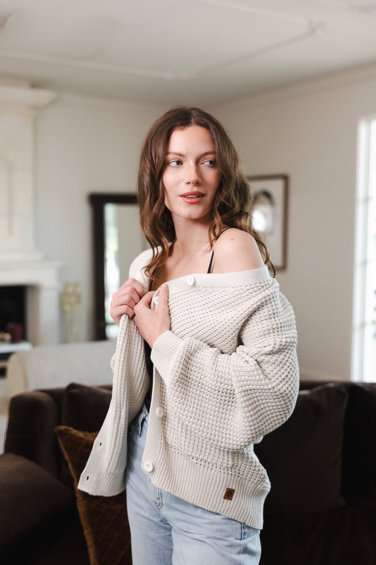 Chunky Knit Women's Waffle Cardigan in Oat