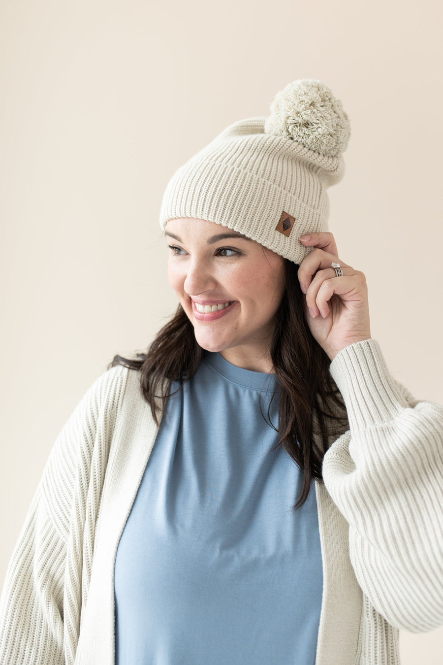 Chunky Knit Pom Beanie in Oat