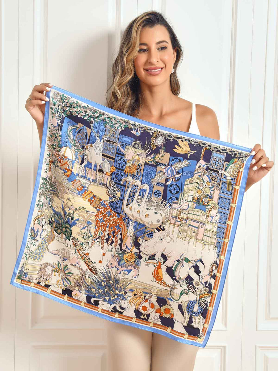 100% Mulberry Silk Scenery Pattern Square Scarf 68x68cm/26.8