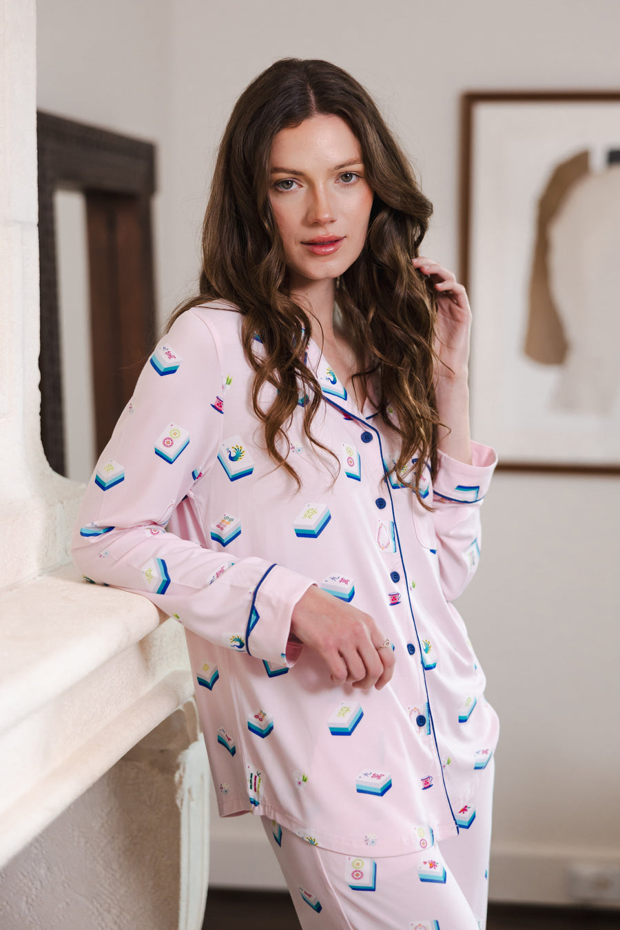 Long-Sleeved Women's Pajama Set in Sakura Mahjong