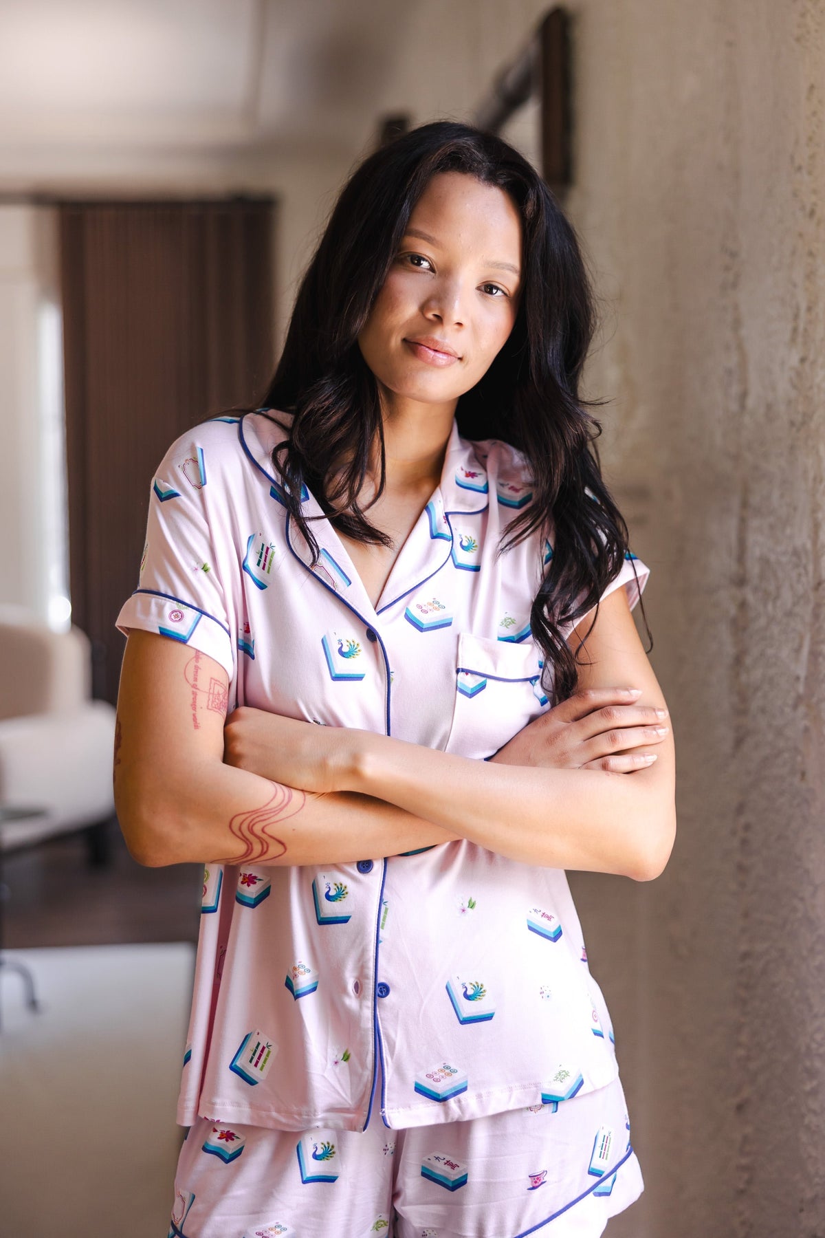 Women's Short Sleeve Pajama Set in Sakura Mahjong