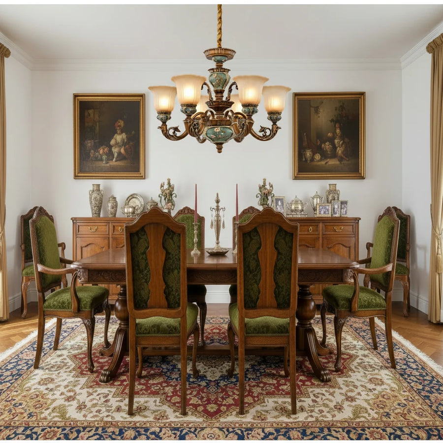 Traditional Antique Ceramic Dining Room Chandelier with Frosted Flower Glass Shades
