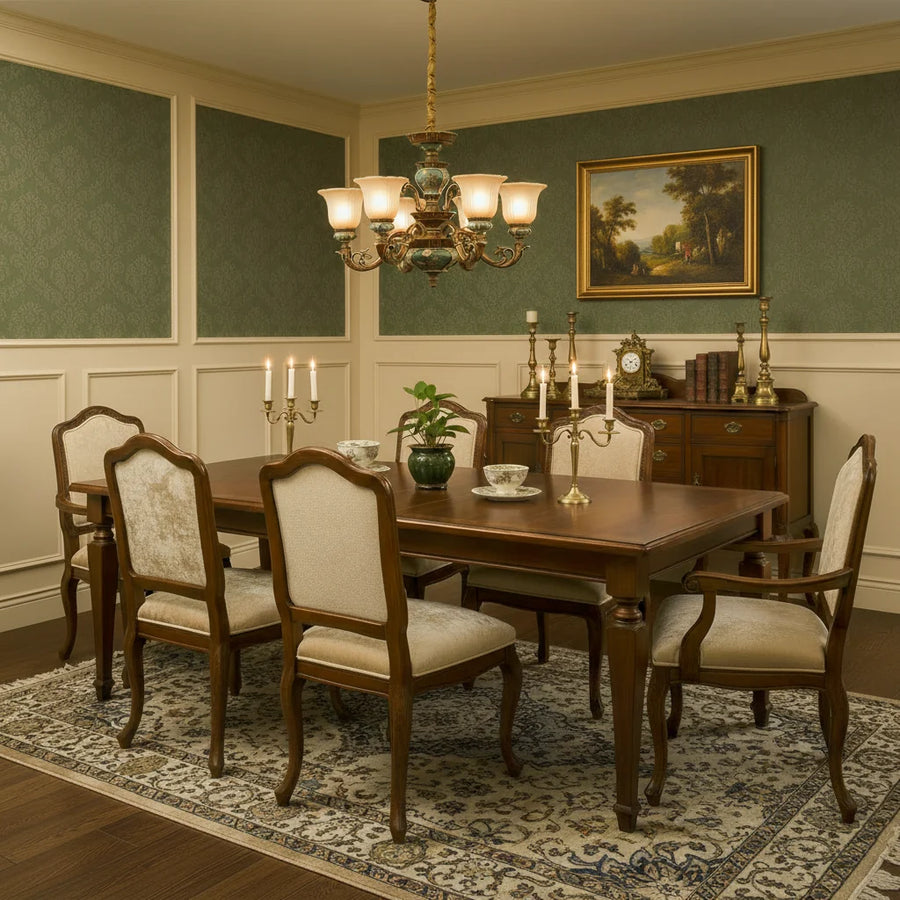 Traditional Antique Ceramic Dining Room Chandelier with Frosted Flower Glass Shades