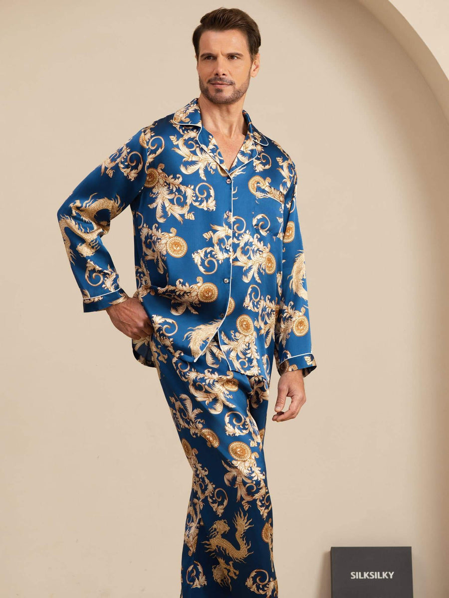 100% Mulberry Silk Men's Dragon Print Long Sleeve Notch Collar Pajamas Set