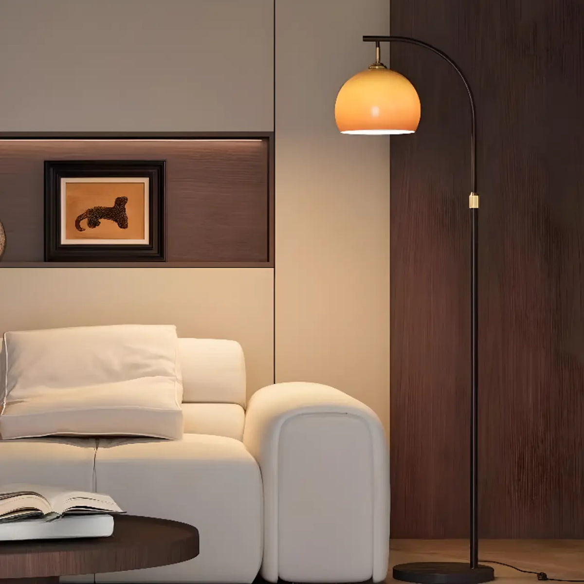 Adjustable Arc Floor Lamp with Caramel Glass Bowl Shade
