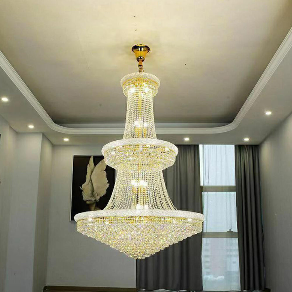 Adjustable Height Grand Gold Crystal Tiered Chandelier