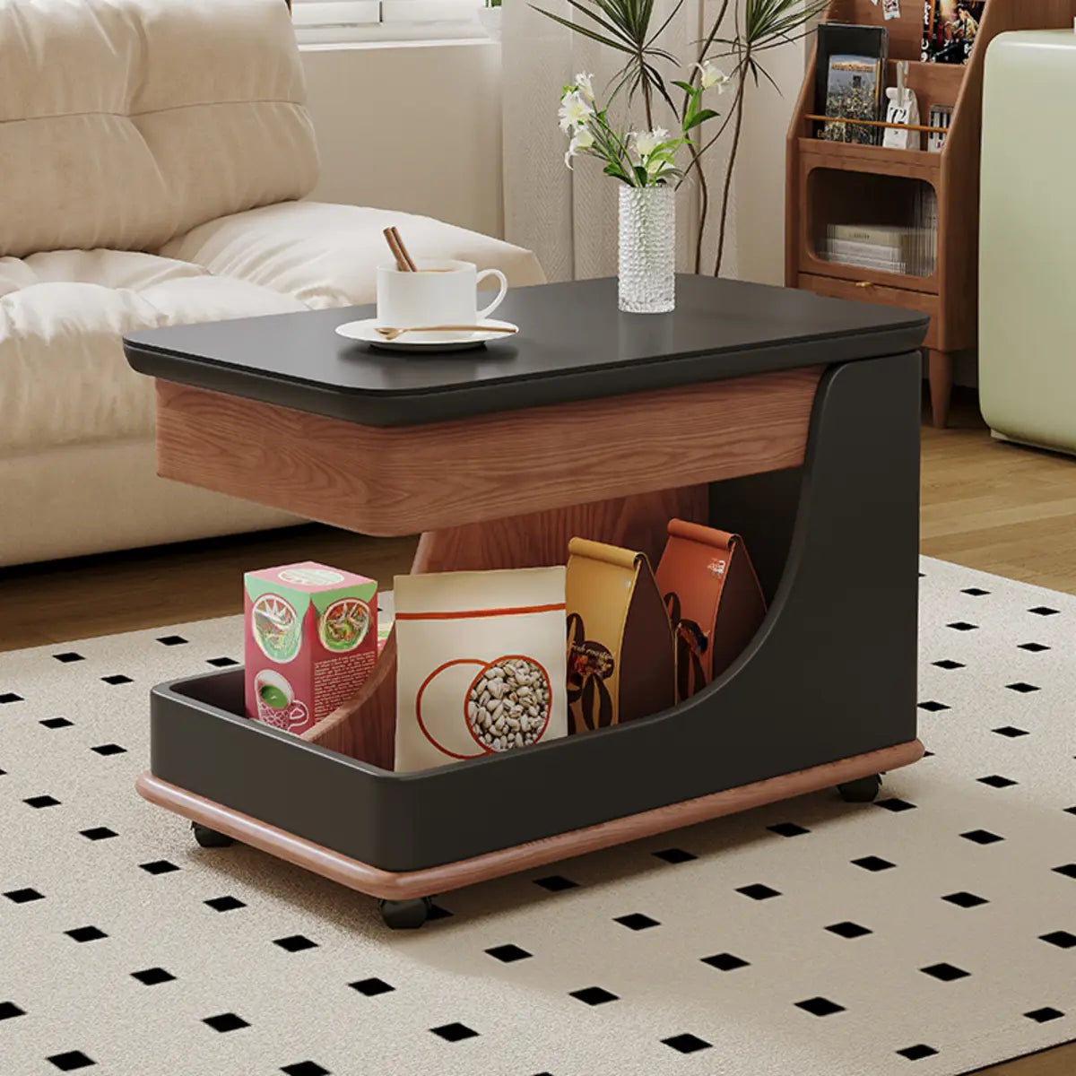 Adjustable Height Rectangular Wood Side Table with Wheels