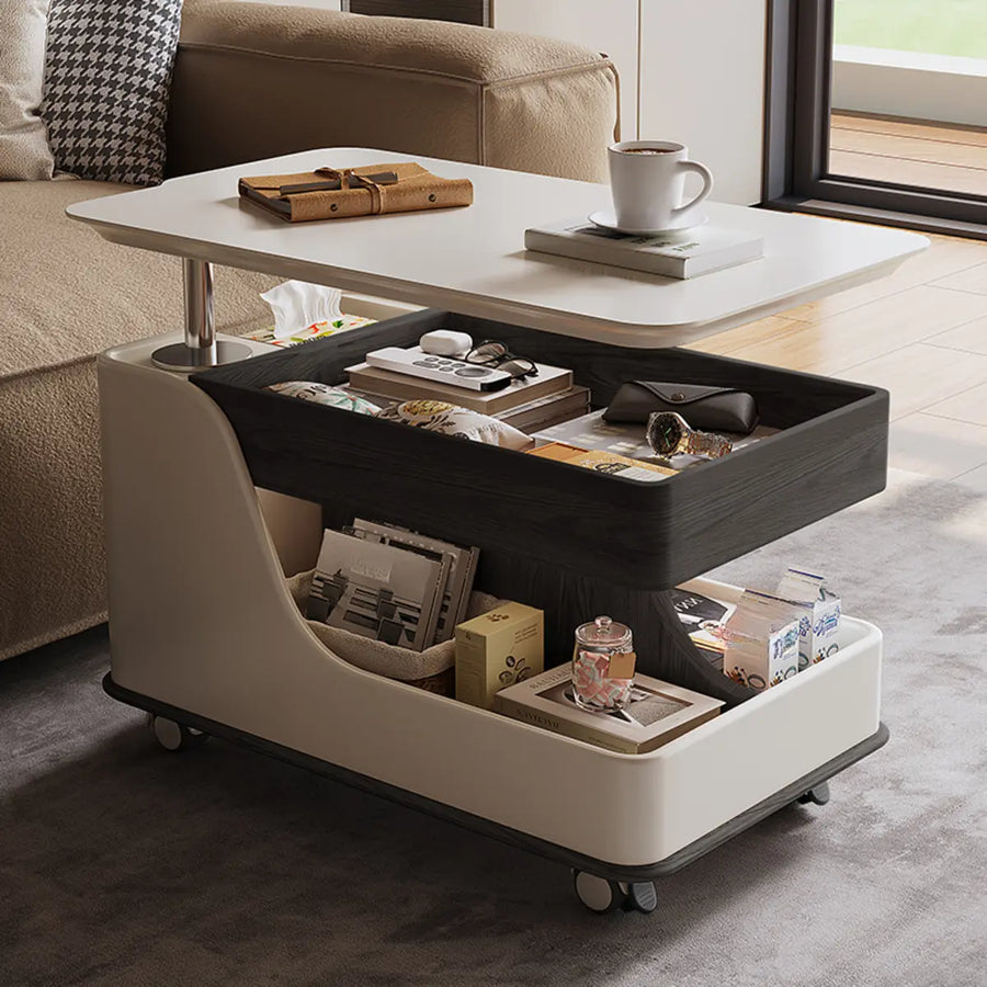Adjustable Height Rectangular Wood Side Table with Wheels