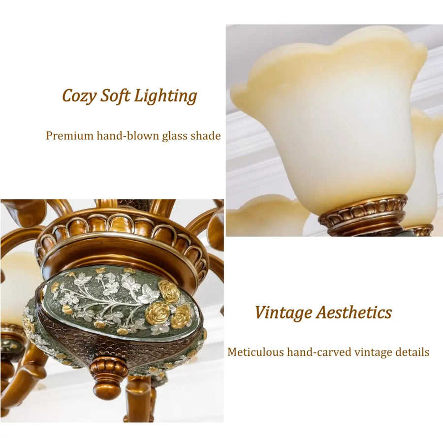 Traditional Antique Bronze Chandelier with Frosted Flower Glass Shades