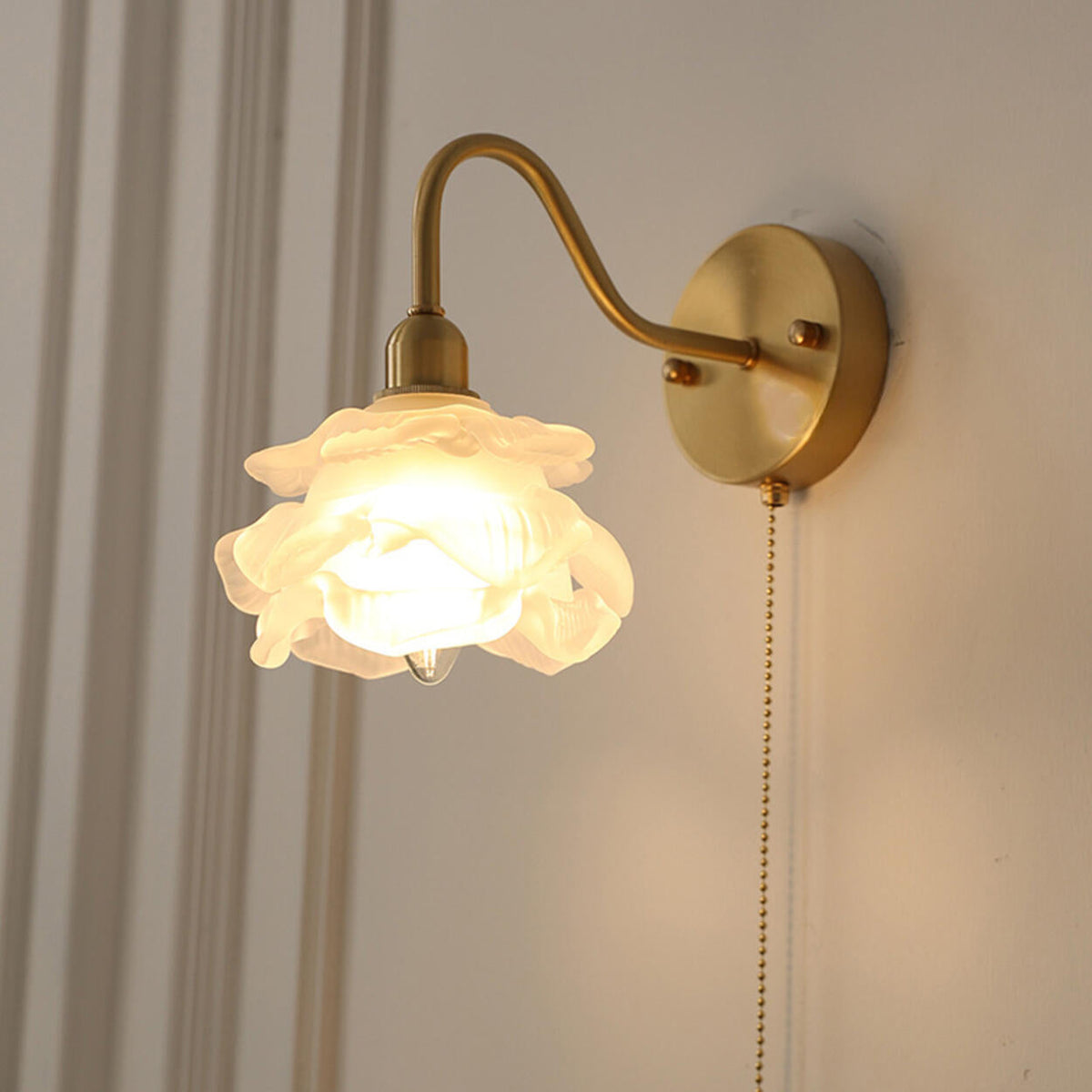 Antique Pink Floral Brass Wall Sconce with Switch