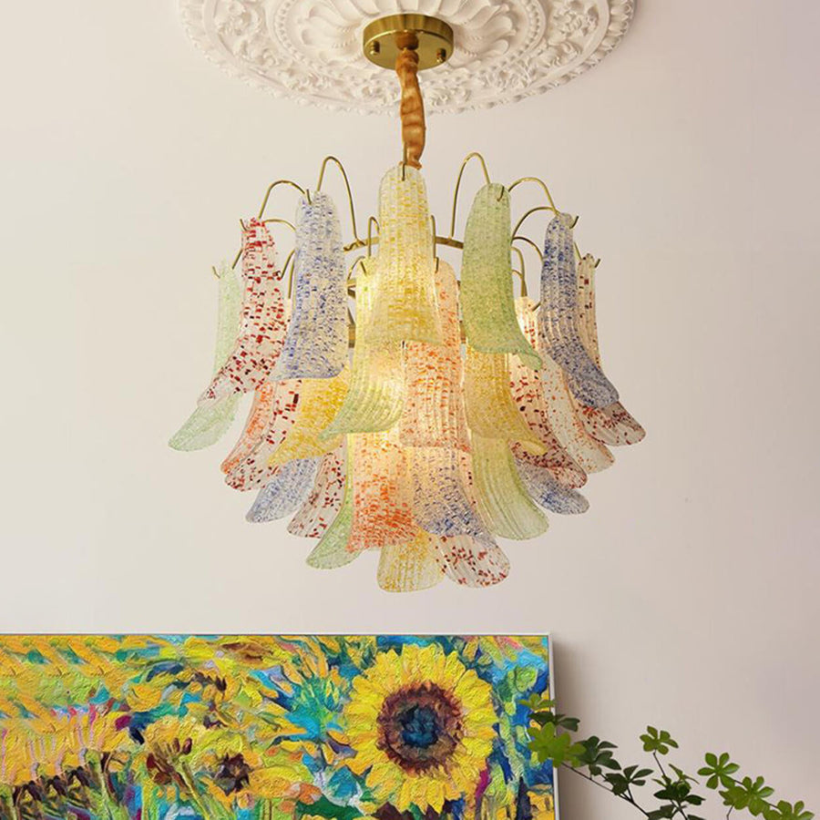 Art Deco Colorful 3 Tiers Glass Leaf Flower Chandelier