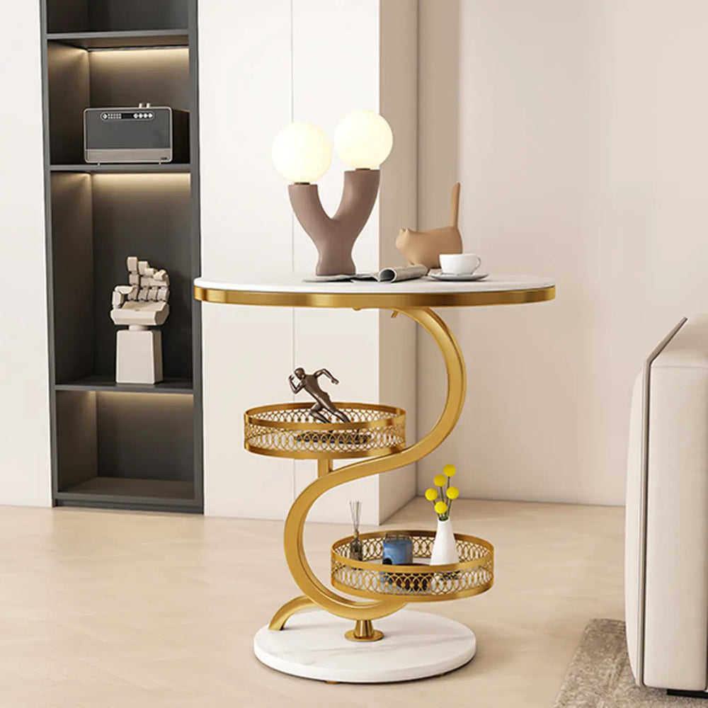 Art Deco White Sintered Stone Circular Side Table with Shelf