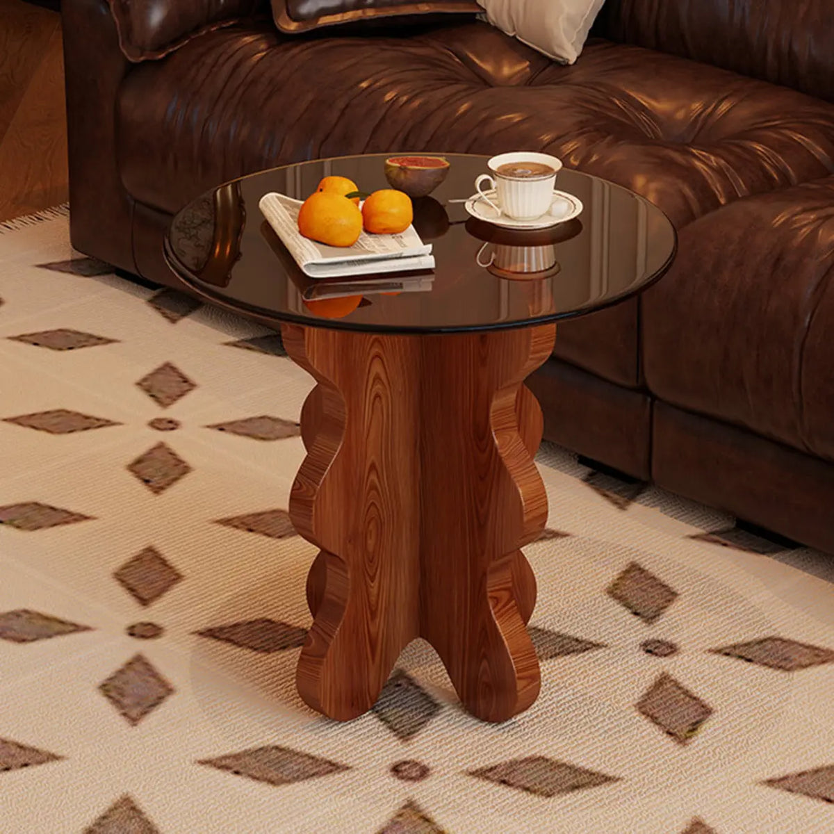 Artistic Round Glass Top Side Table with Sculpted Wood Base