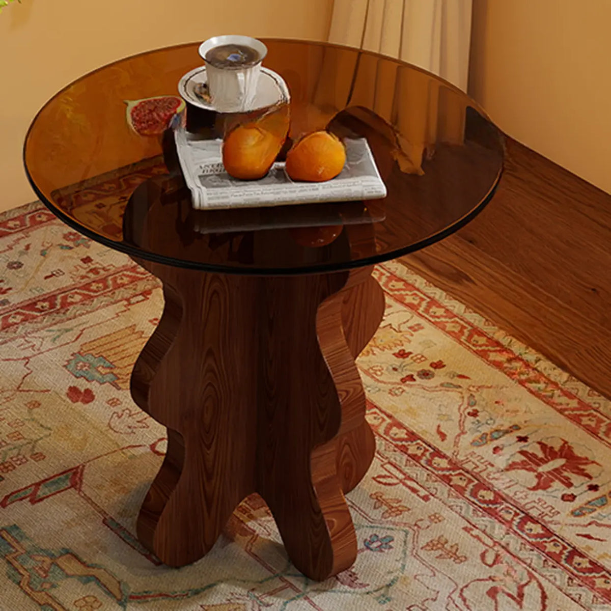 Artistic Round Glass Top Side Table with Sculpted Wood Base